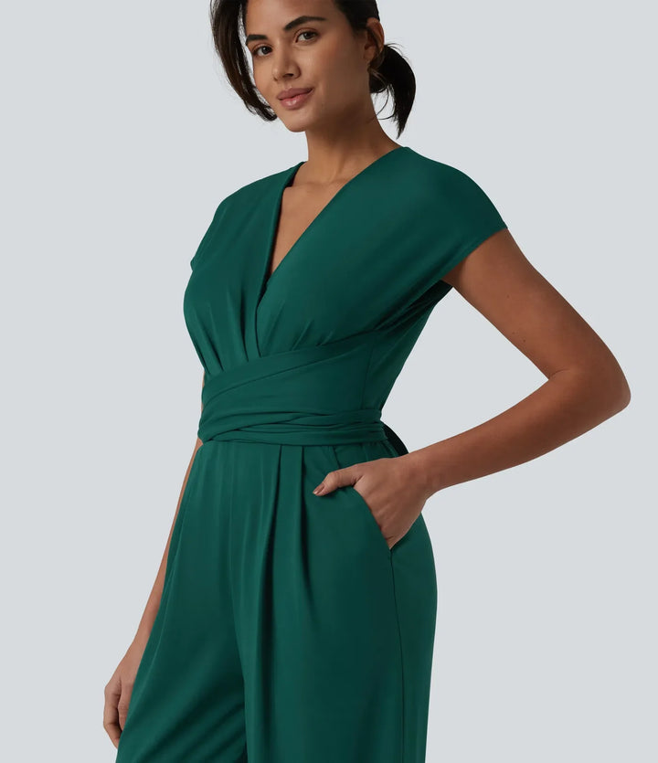 V-ringad kortärmad crossover knyt veckad arbetsjumpsuit med fickor-Easy Peezy
