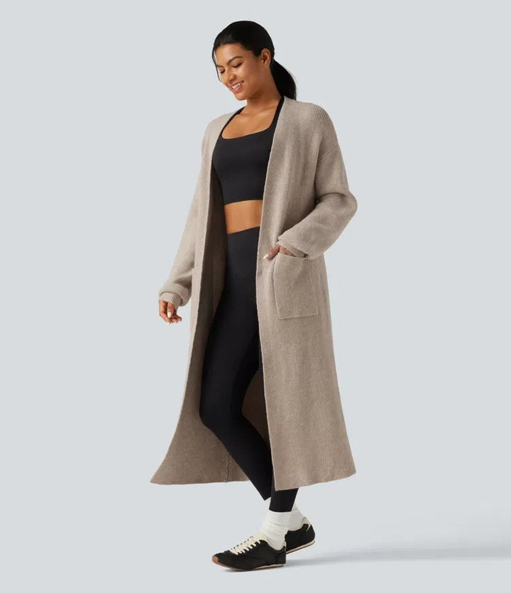 Långärmad lång modell vardaglig cardigan med fickor