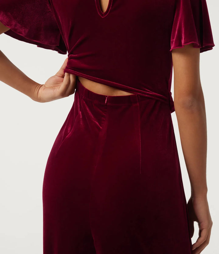Rund hals volang kortärmad nyckelhålsrygg knytning fram sammet fest jumpsuit med fickor -Easy Peezy Edition