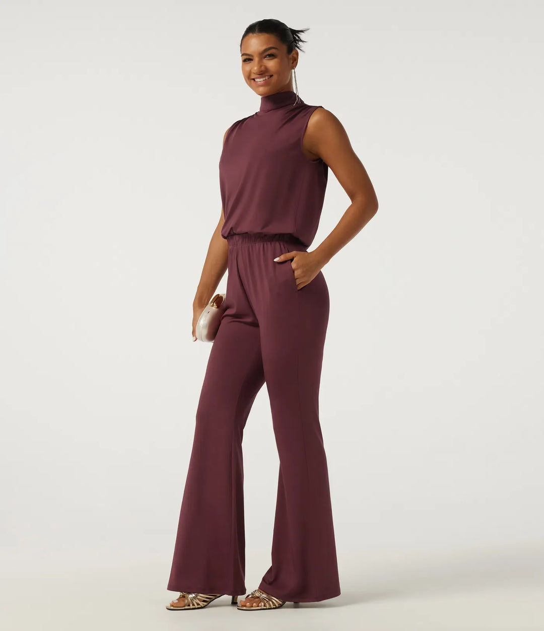Halvpolo ärmlös utsvängd nyckelhålsrygg fest jumpsuit med fickor - Easy Peezy Edition