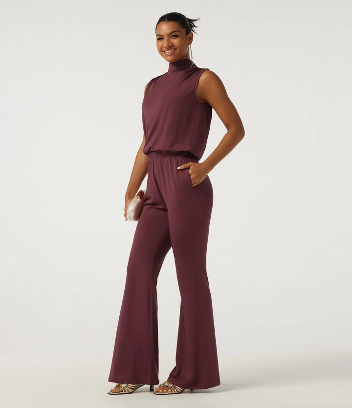Halvpolo ärmlös utsvängd nyckelhålsrygg fest jumpsuit med fickor - Easy Peezy Edition