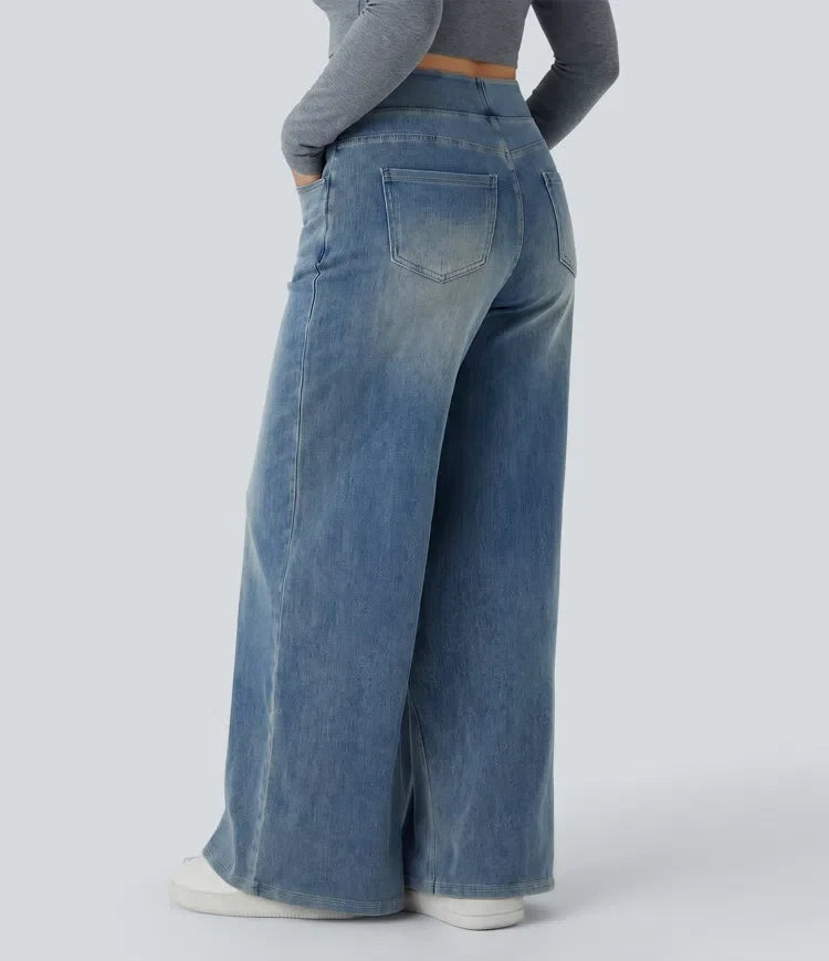 Lyckera Flex högmidjad fickor baggy vida ben tvättad vardaglig plusstorlek jeans