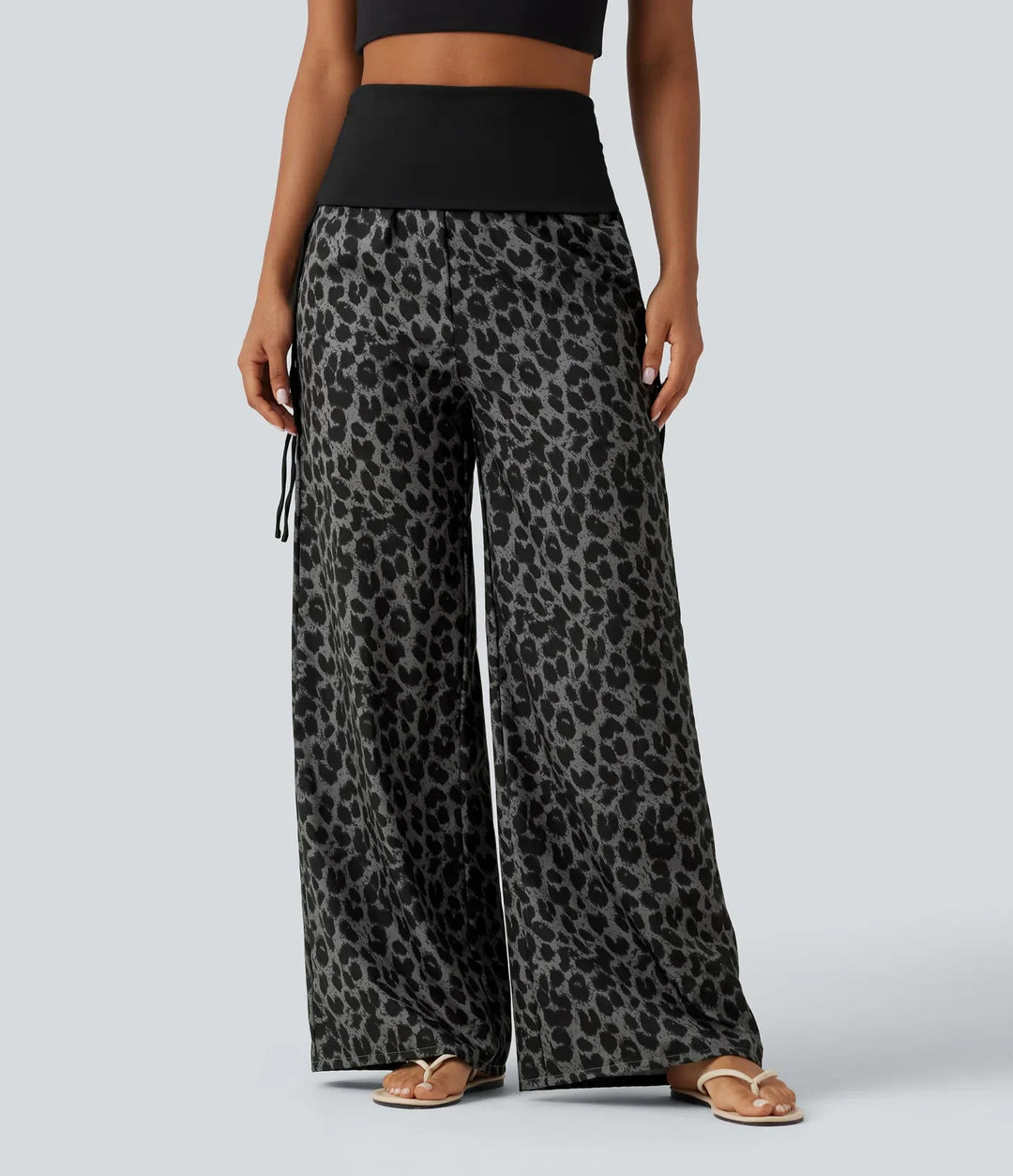 Vikbar midja med hög midja rynklad dragsko baggy leopardmönstrad vardagsbyxor med fickor