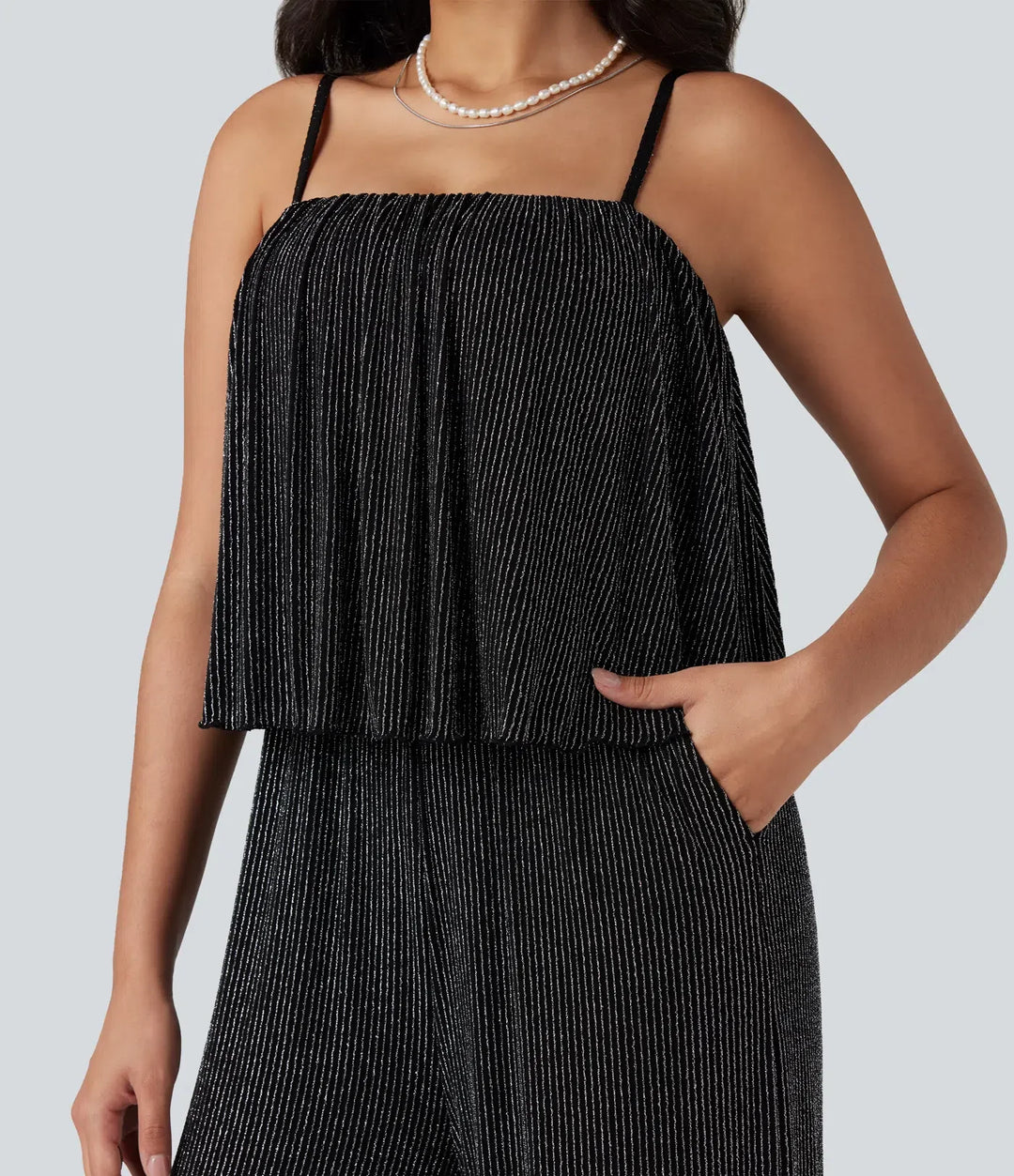 Volangfåll ärmlös skimrande randig vardaglig jumpsuit med fickor-Easy Peezy
