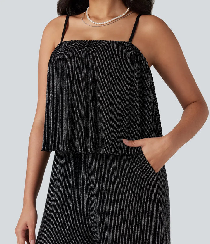 Volangfåll ärmlös skimrande randig vardaglig jumpsuit med fickor-Easy Peezy