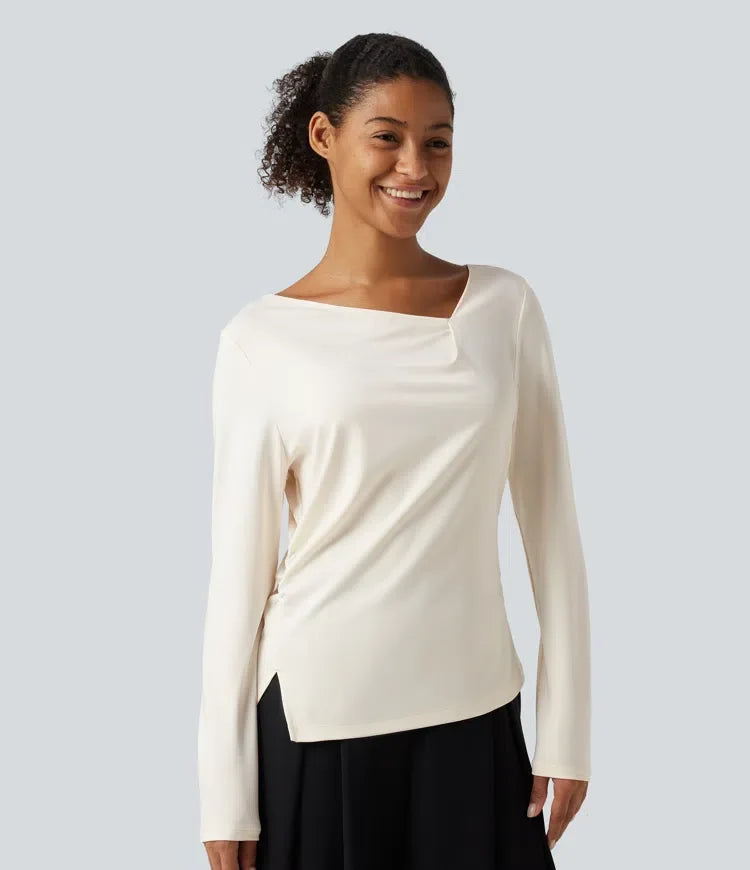 Asymmetrisk draperad hals långärmad rynkat slits fåll arbetsblus