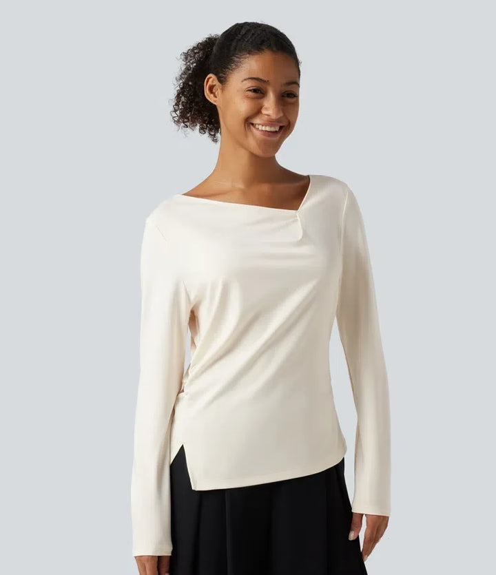 Asymmetrisk draperad hals långärmad rynkat slits fåll arbetsblus