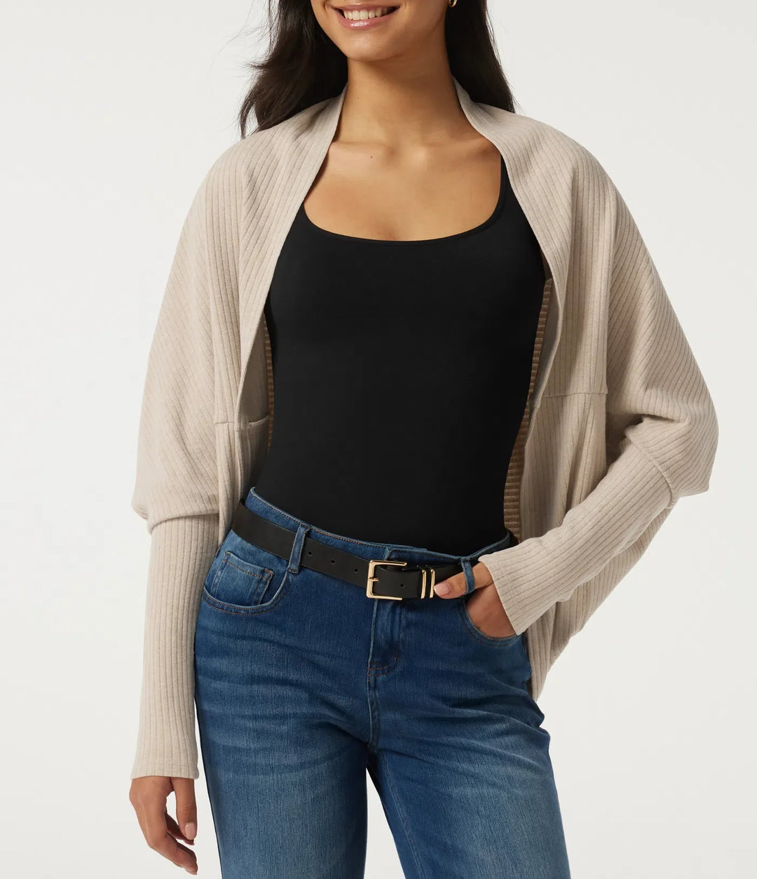 Ribbstickad lång fladdermusärm rundad fåll vardaglig cardigan