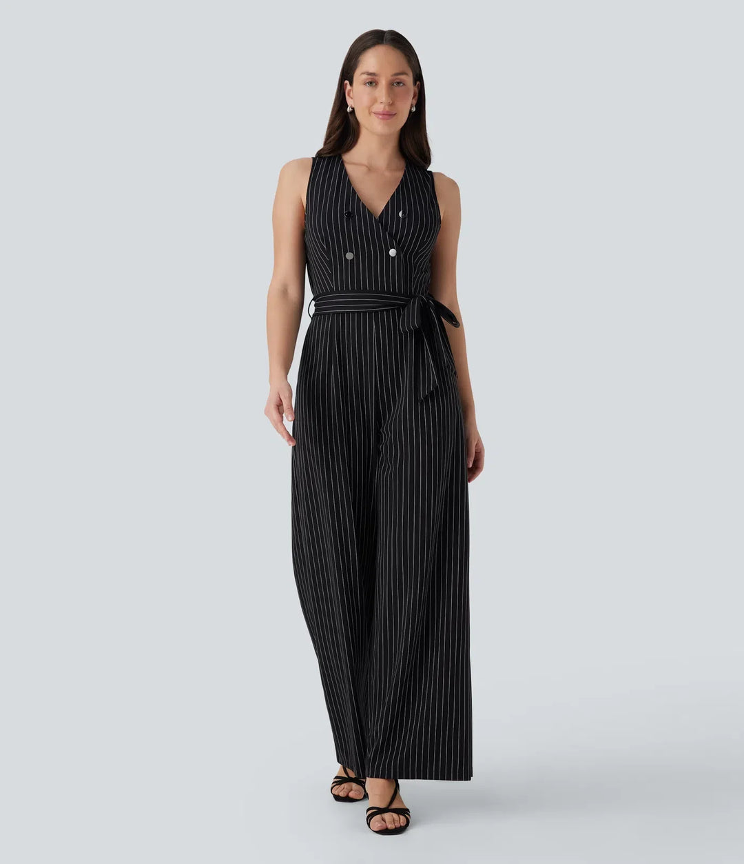 V-ringad ärmlös bältad randig InstantCool arbetsjumpsuit med fickor-Easy Peezy