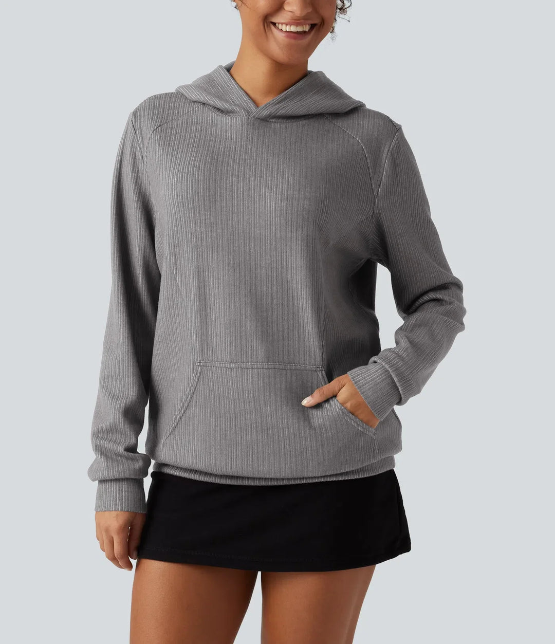 Ribbad med huva långärmad vardaglig sweatshirt med ficka