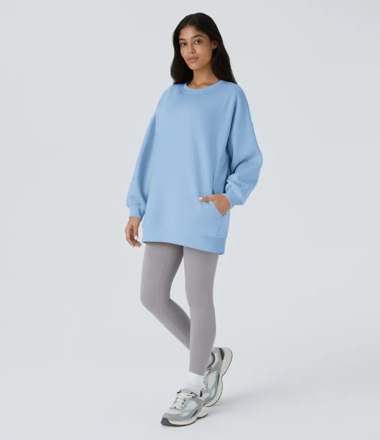Rund halsringning långärmad ficka oversize fleece vardaglig collegetröja