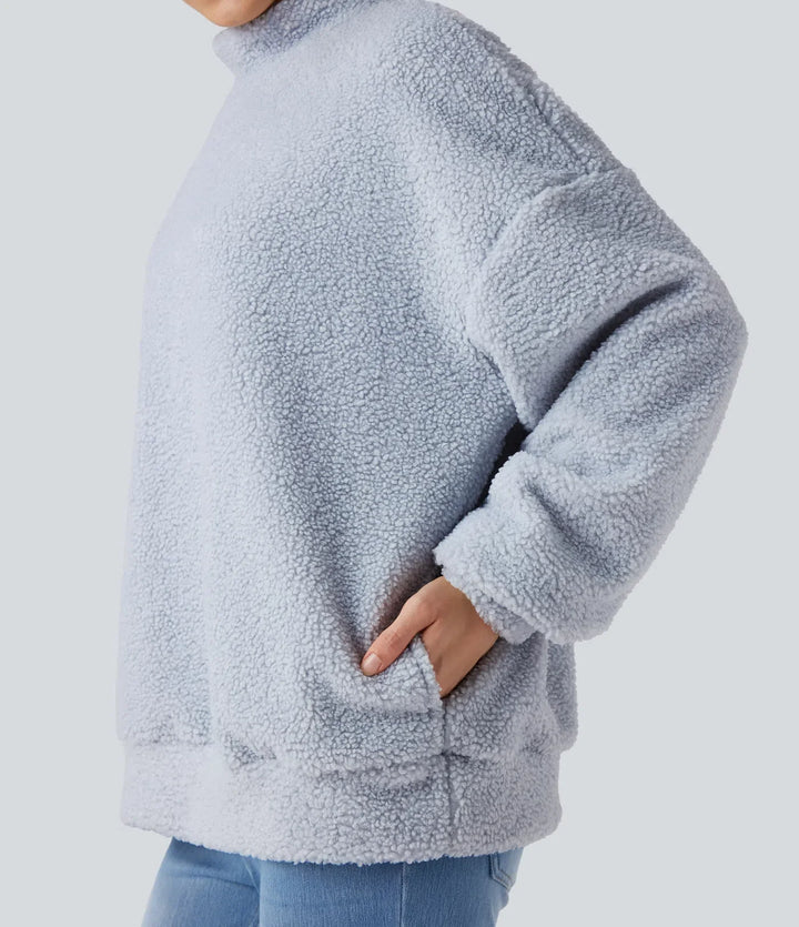 Halvpolo långärmad vardaglig sherpa sweatshirt med fickor