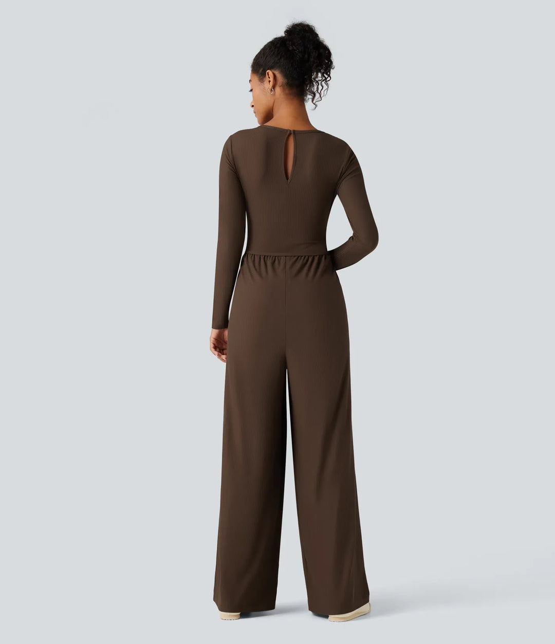 Ribbad rund hals långärmad korsett vardaglig jumpsuit med fickor-Easy Peezy Edition