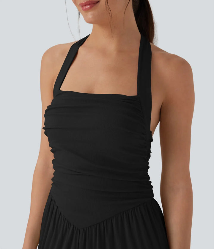 Ribbad halterneck knytning i ryggen dragsko resortjumpsuit med fickor