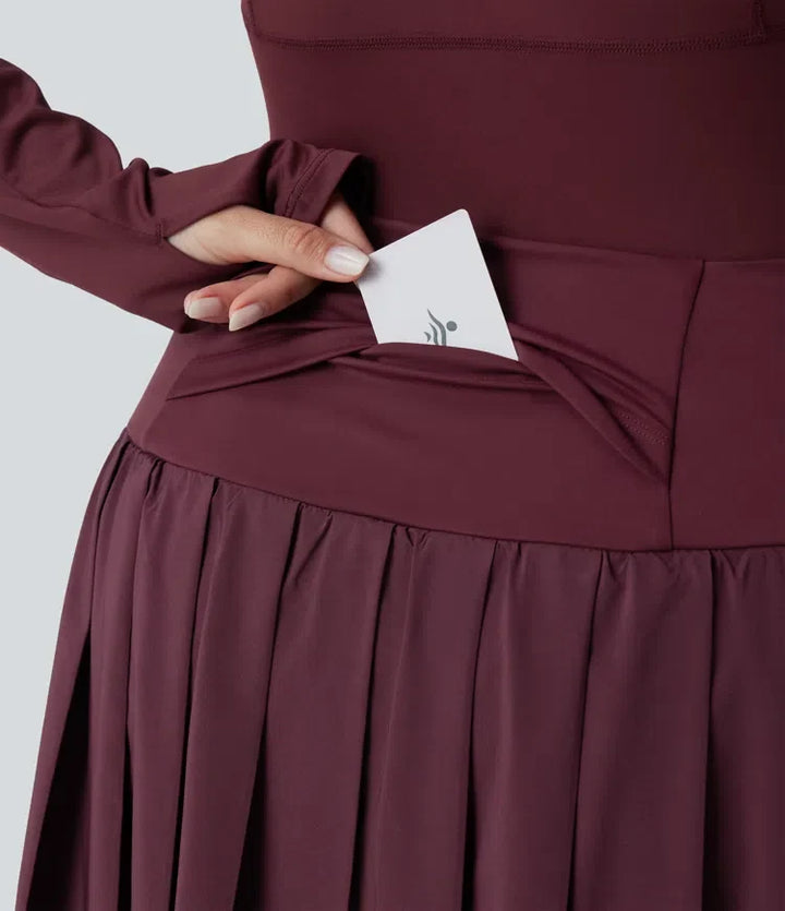 Breezeful med hög midja plisserad 2-i-1 kontrastmesh snabbtorkande dans plusstorlek stigbygel leggings med kjol med fickor