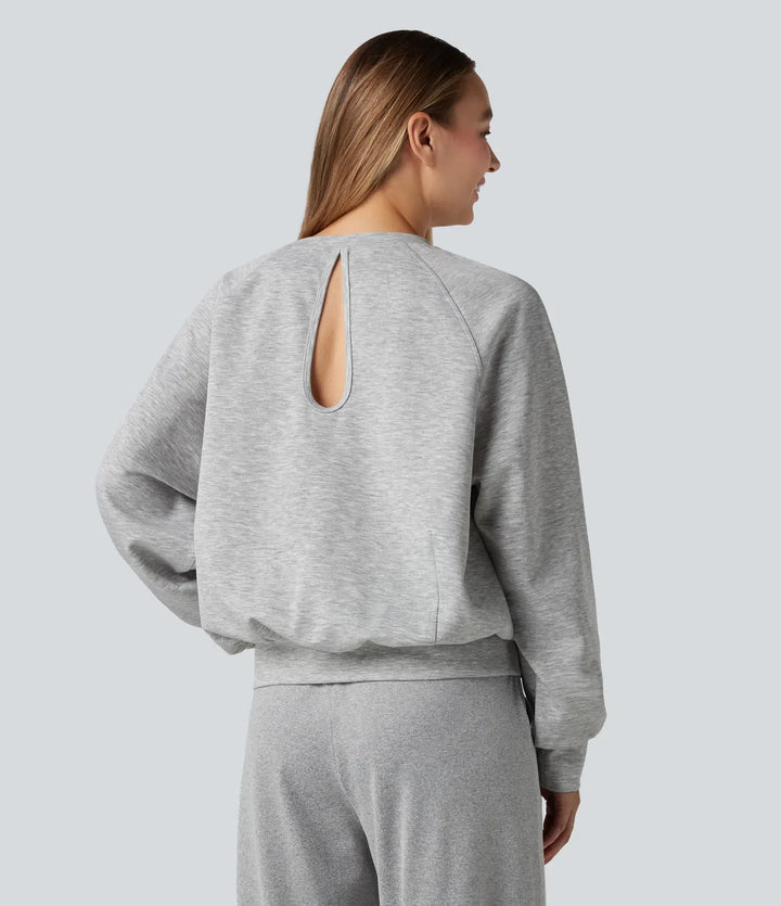 Rund hals långärmad skuren-ut vardaglig sweatshirt med fickor