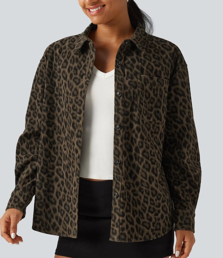 Leopardmönster långärmad manchester vardaglig skjortjacka med ficka