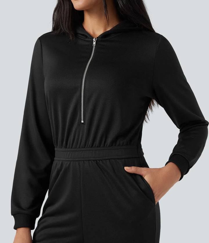 Med huva långärmad vardaglig jogger jumpsuit med fickor-Easy Peezy Edition