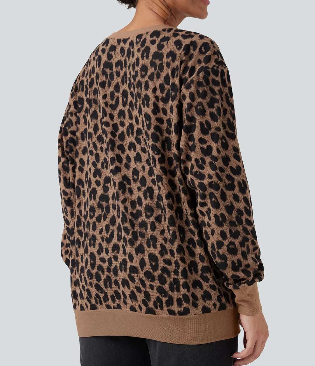 Rund hals långärmad leopard våffelstruktur oversized vardaglig sweatshirt med fickor