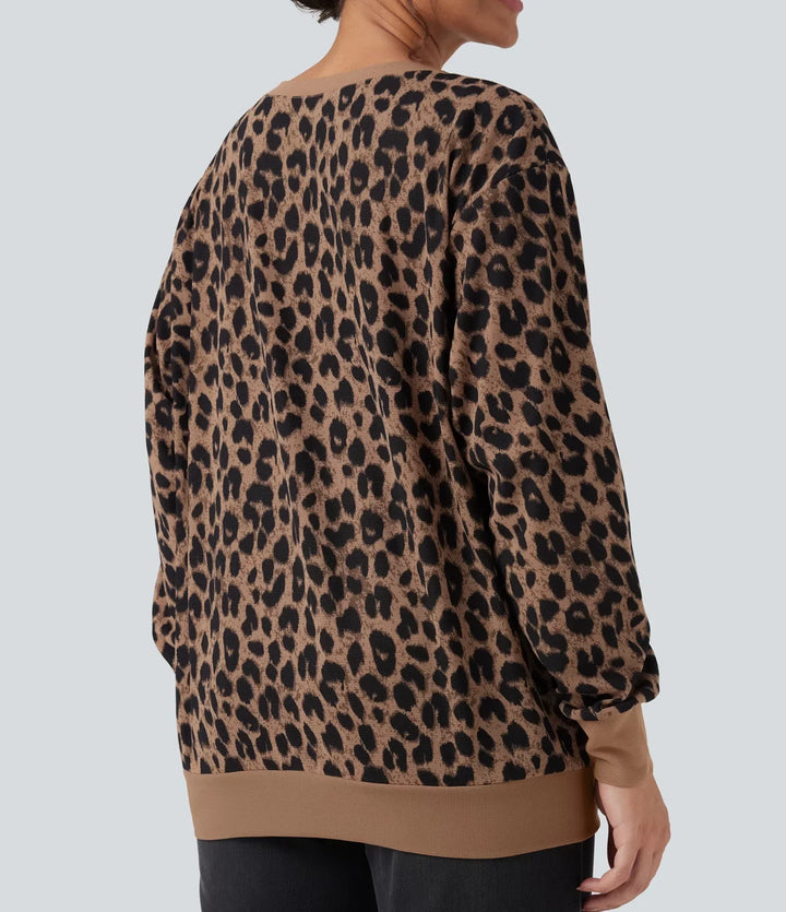 Rund hals långärmad leopard våffelstruktur oversized vardaglig sweatshirt med fickor