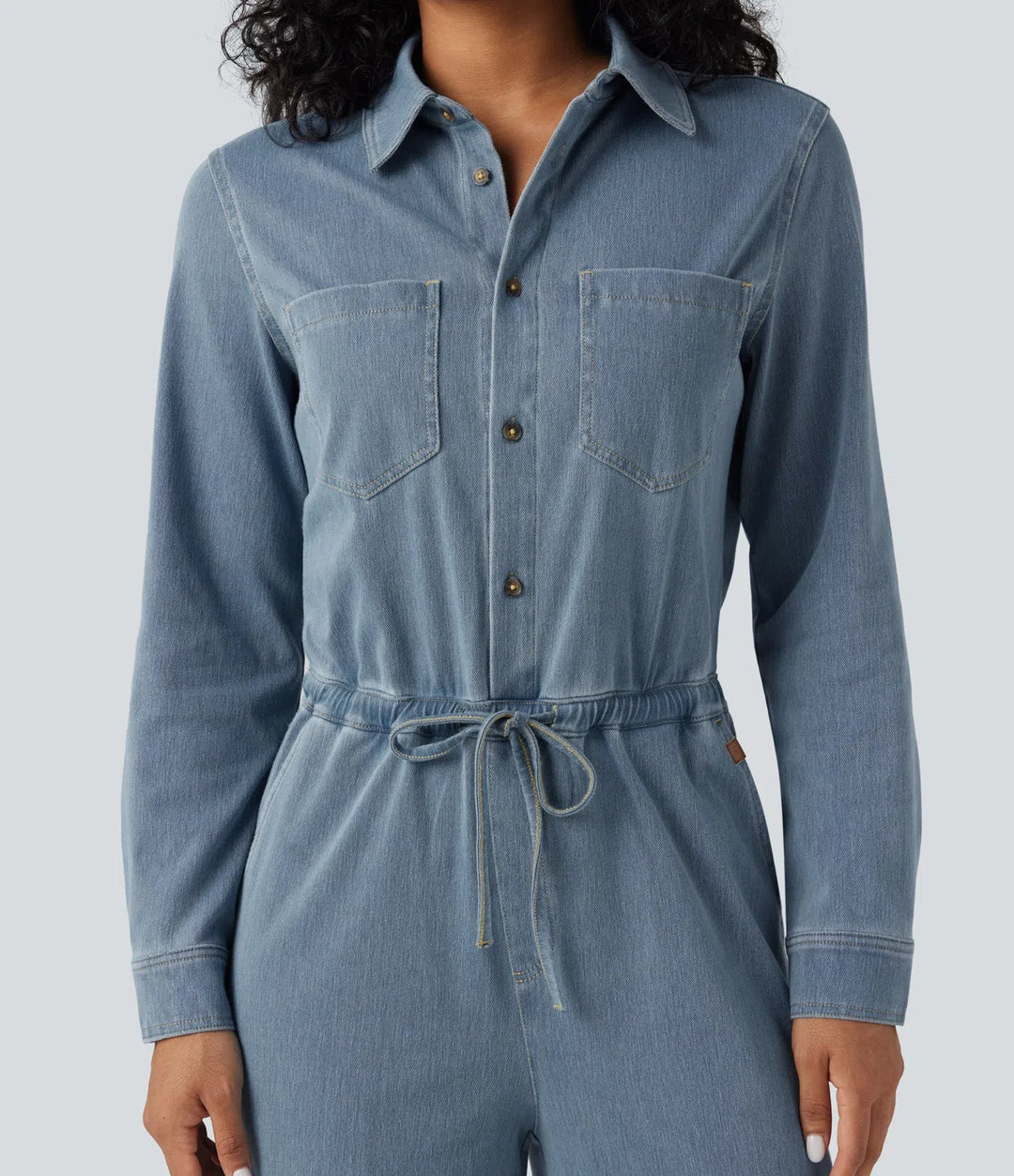 Lyckera Flex långärmad dragsko vida ben tvättad denim vardaglig jumpsuit med fickor-Easy Peezy Edition