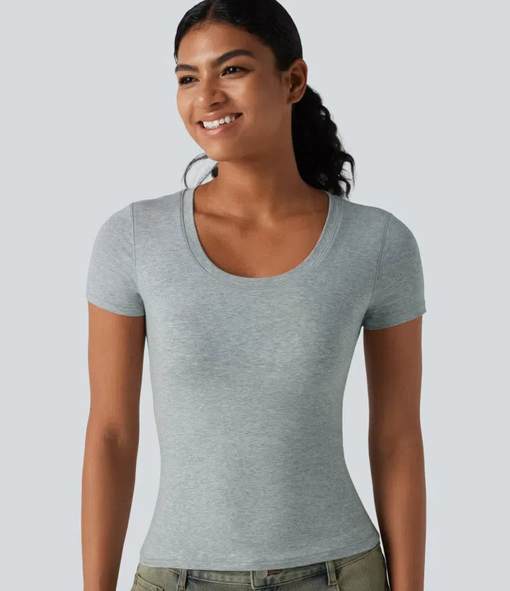 Halara bomullsjersey djup rund halsringning kortärmad inbyggd bh T-shirt för vardag B-DD kupor