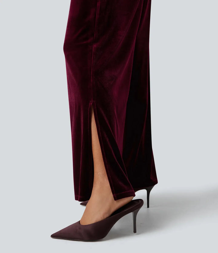 Tub puffärm slits sammet fest jumpsuit-Easy Peezy