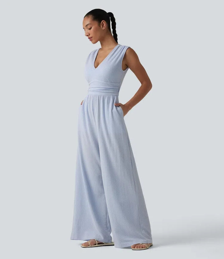 V-ringning ärmlös inbyggd bh rand jumpsuit för vardag med fickor – Easy Peezy-utgåva