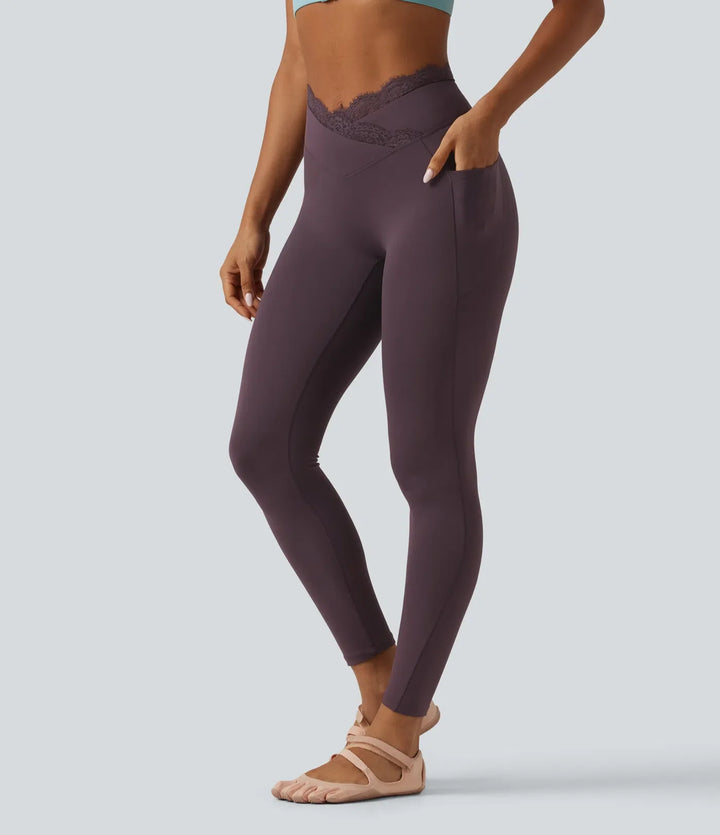 SoftlyZero med hög midja omlott kontrastspets yogaleggings med fickor