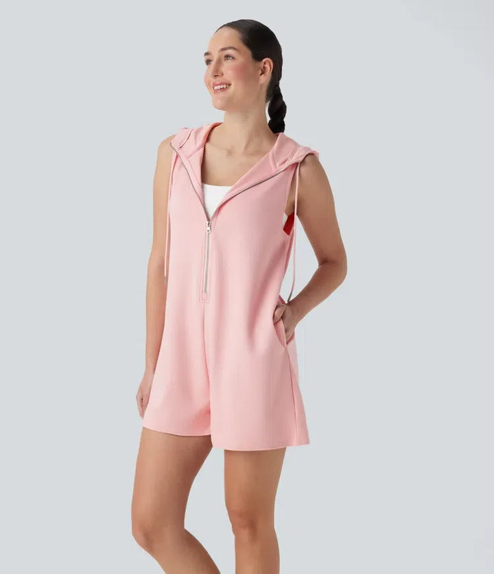 Med huva ärmlös dragkedja vardaglig jumpsuit med fickor