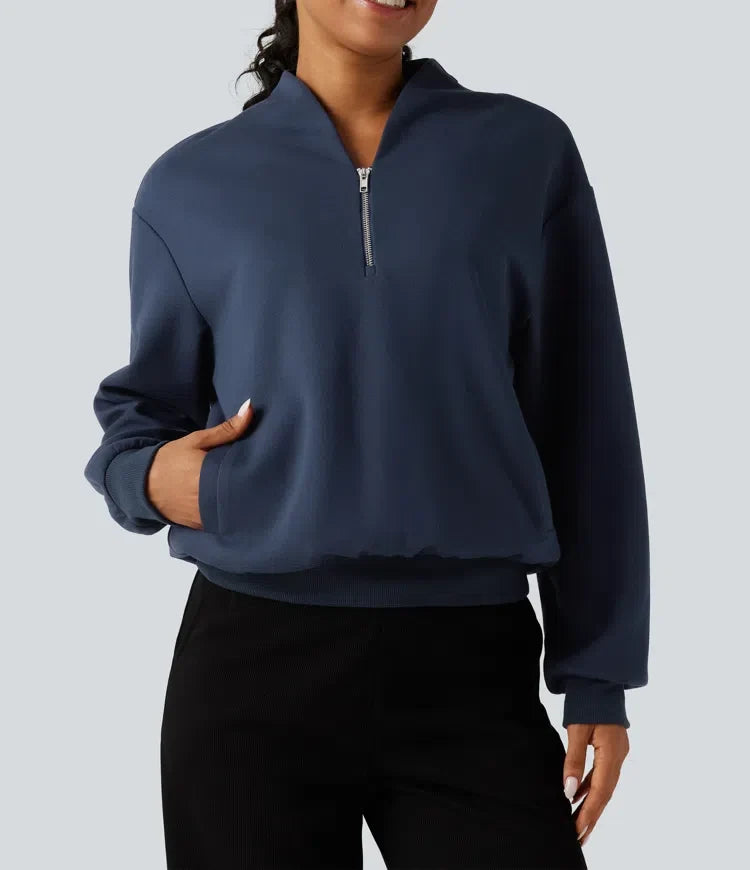 Ståkrage långärmad vardaglig bomull sweatshirt med fickor