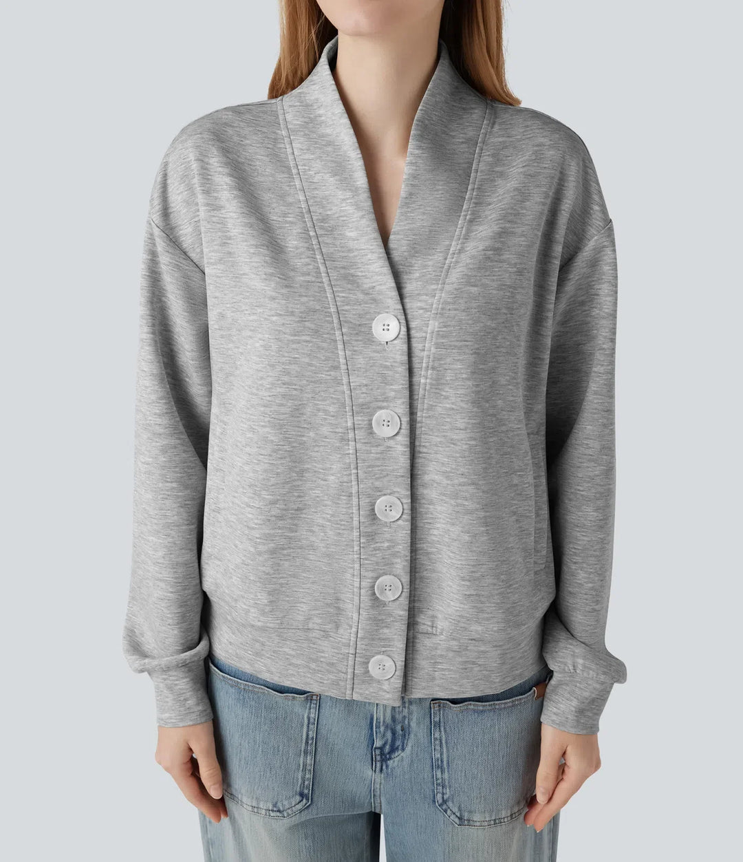 V-ringad långärmad knapp gylf vardaglig sweatshirt med fickor