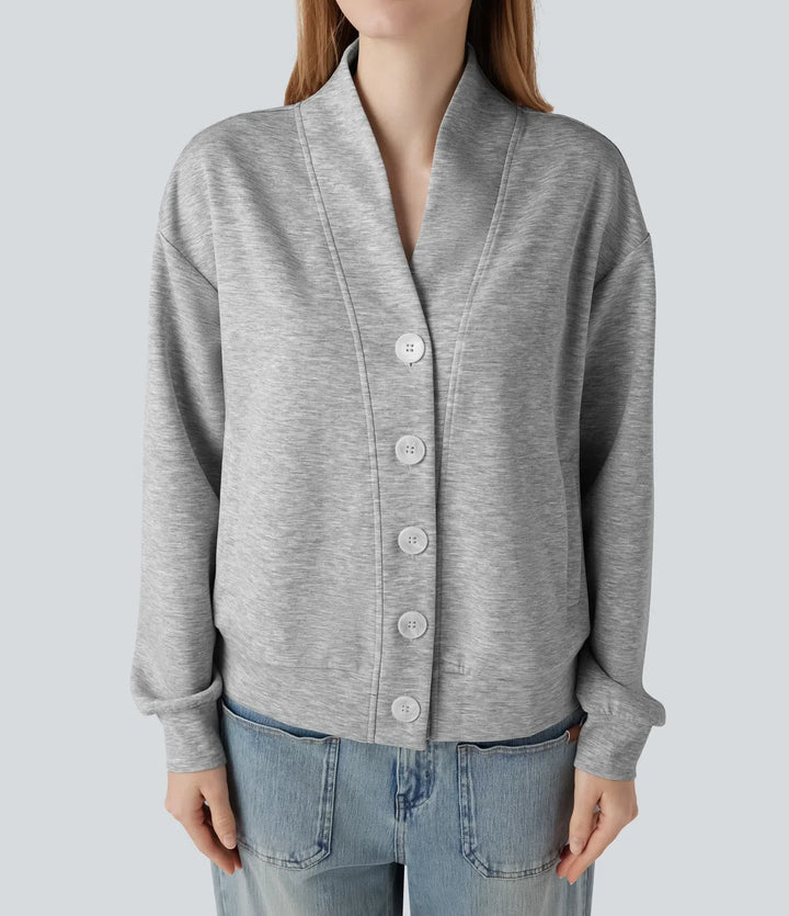 V-ringad långärmad knapp gylf vardaglig sweatshirt med fickor