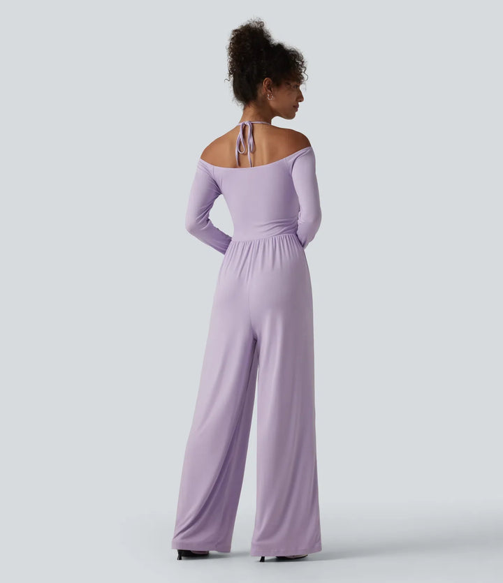 Ribbad halterneck knytning i ryggen bara axlar inbyggd BH långärmad vardaglig jumpsuit med fickor