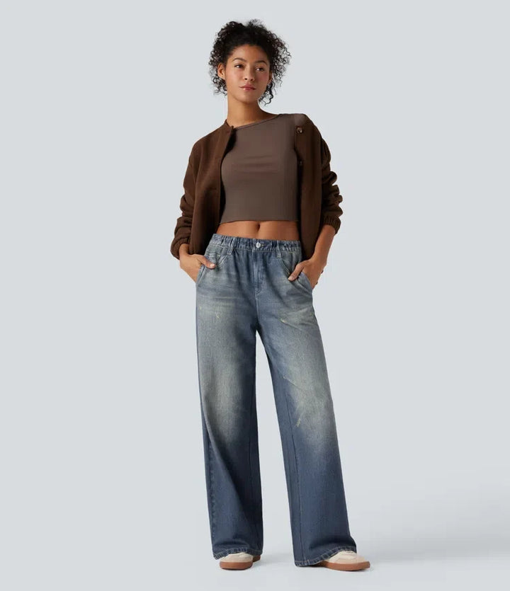 Med medelhög midja denim tryck French terry för vardag mjukisbyxor jeans med fickor