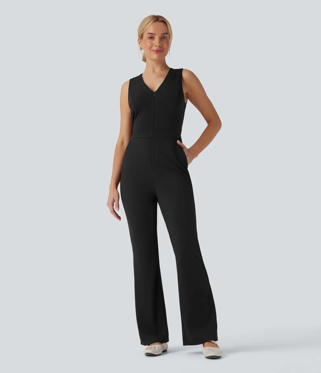 V-ringad ärmlös vardaglig bootcut jumpsuit med fickor-Easy Peezy Edition