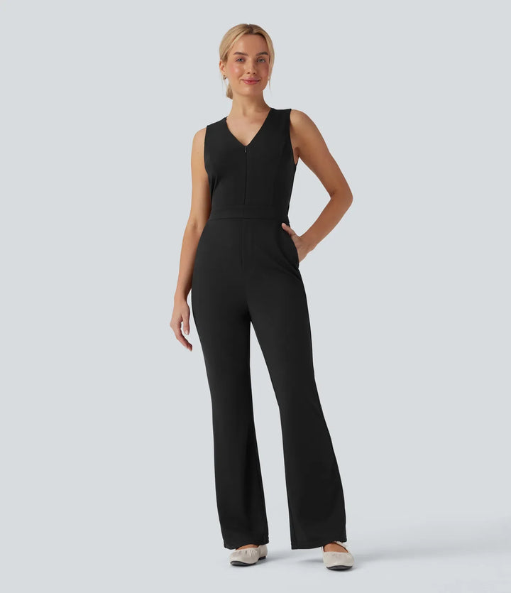 V-ringad ärmlös vardaglig bootcut jumpsuit med fickor-Easy Peezy Edition