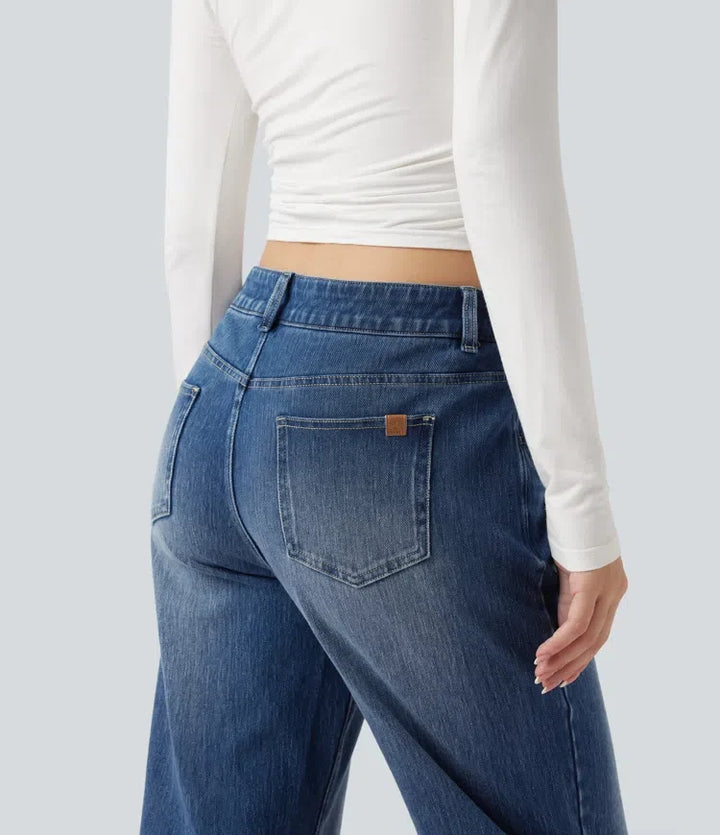 Lyckera Flex asymmetrisk låg midja raka ben vardagsjeans med fickor