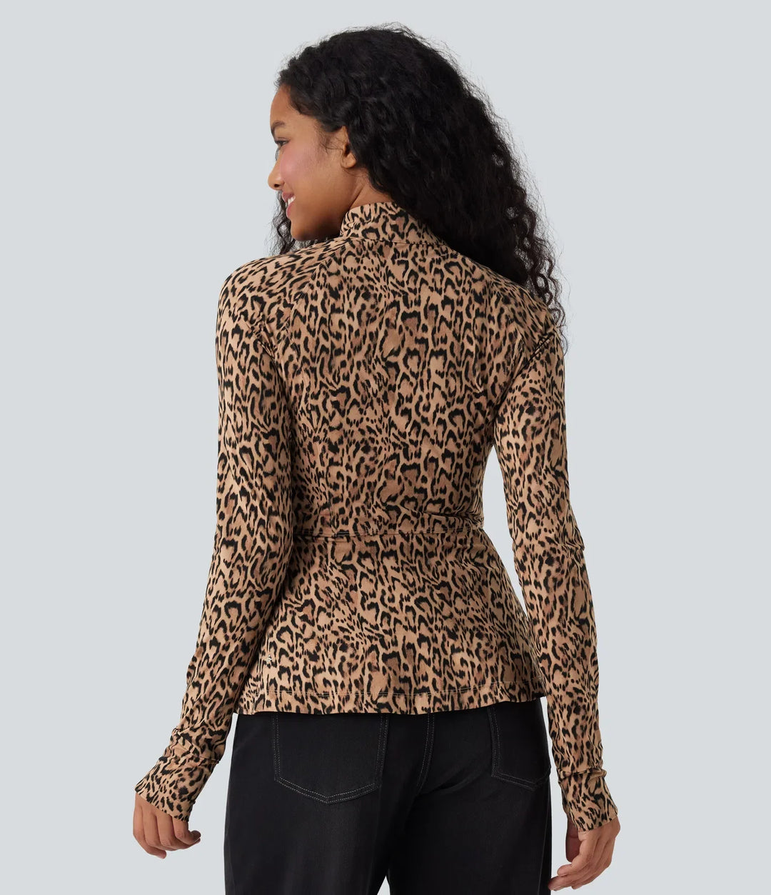 Lyckera UltraSculpt leopardmönster ståkrage långärmad tumhål vardaglig jacka med fickor