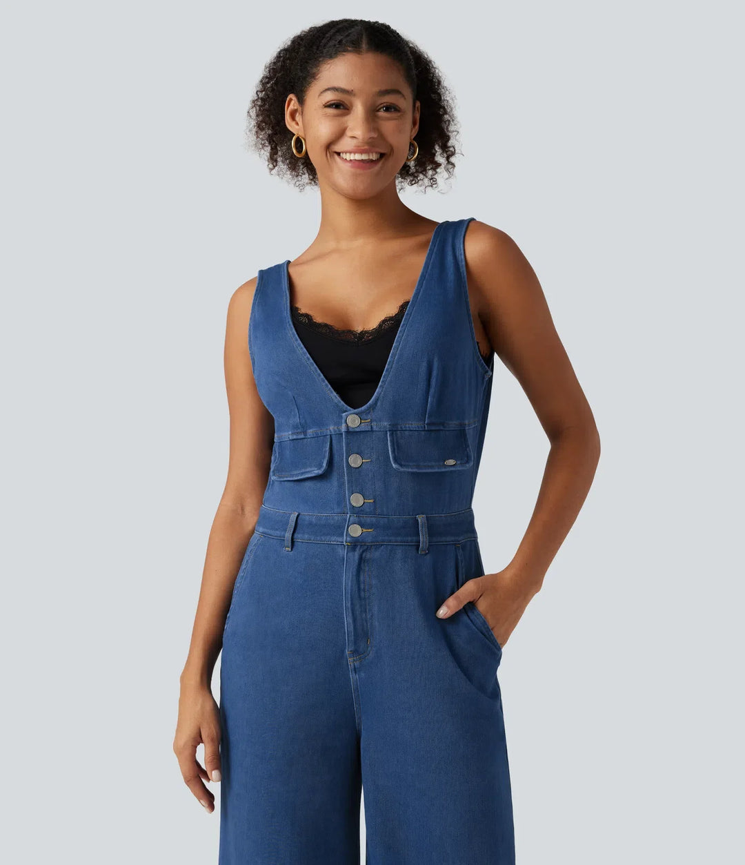 Lyckera Flex V-ringad vida ben denim vardaglig jumpsuit med fickor
