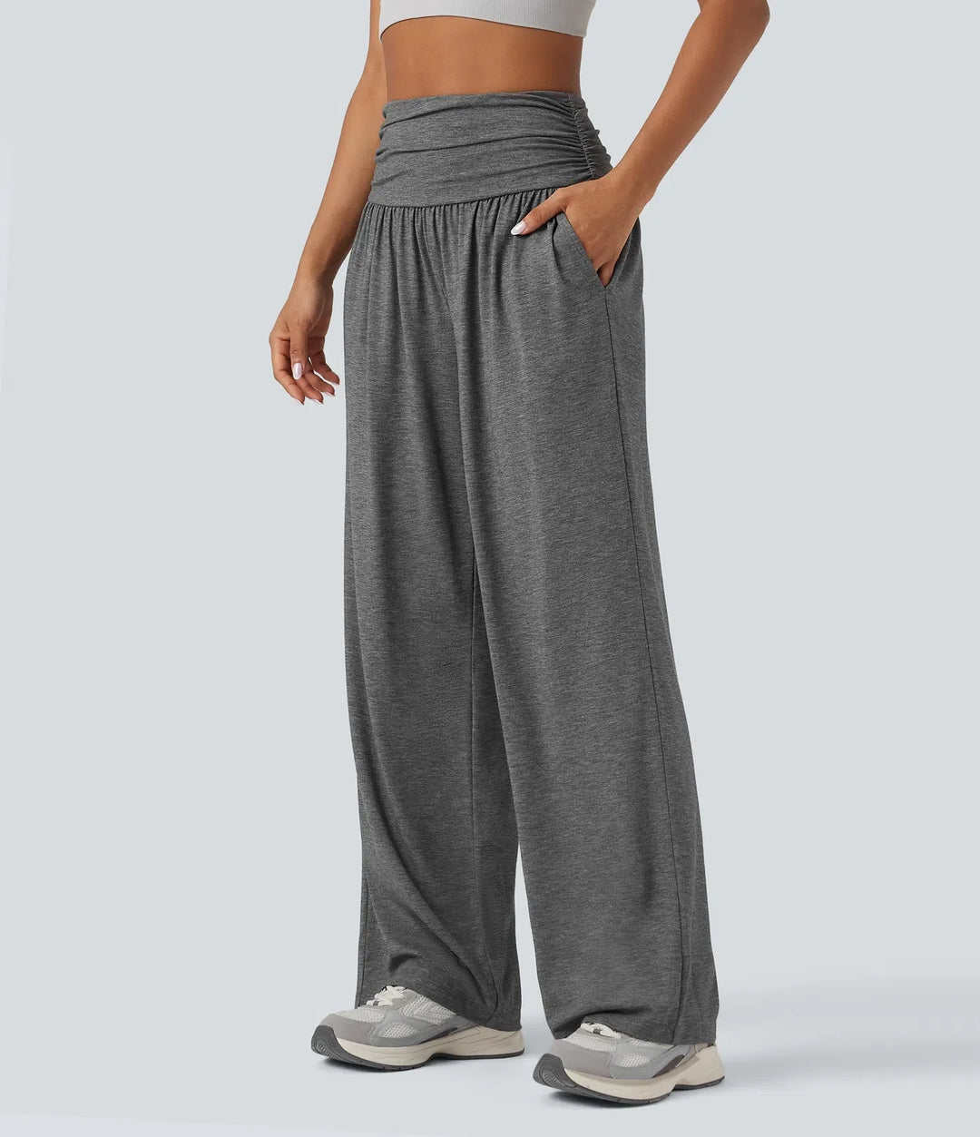 Med hög midja rynklad melerad yoga baggy byxor med fickor