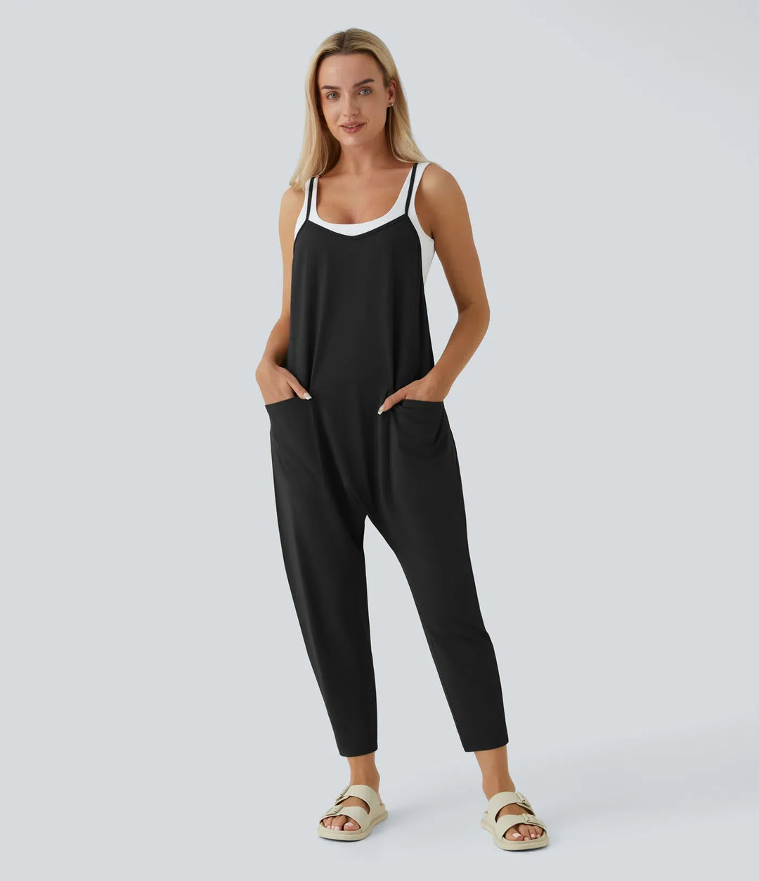 Fickor ankel längd vardaglig lös avsmalnande jumpsuit