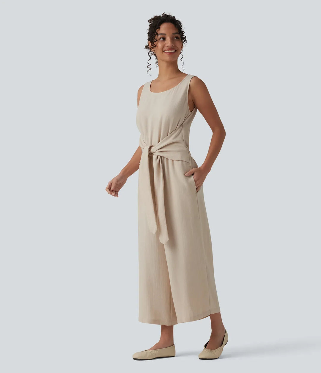 Djup rund halsringning ärmlös knytning fram vardaglig linnekänsla jumpsuit med fickor-Easy Peezy