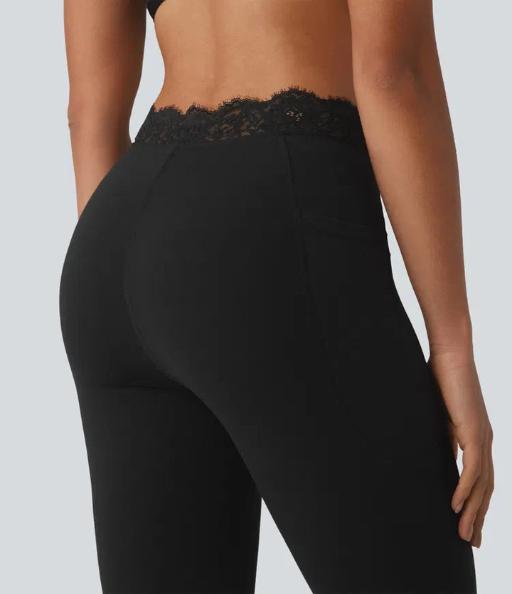 Halara UltraSculpt V-formad med hög midja kontrastspets yoga utsvängd leggings med fickor
