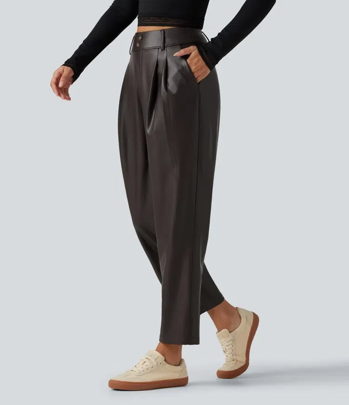 Högmidjad avsmalnande stretchig PU fleece vardagsbyxor med fickor