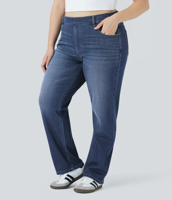 Lyckera Flex högmidjad fickor raka ben tvättad vardaglig plusstorlek jeans