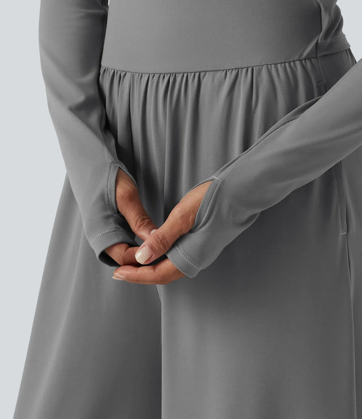 U-ringad långärmad tumhål vida ben rynkat vardaglig jumpsuit med inbyggd BH och fickor -Easy Peezy Edition