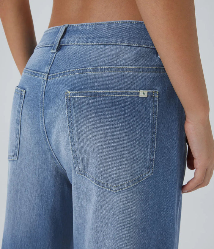 Lyckera Flex låg midja dragkedja fickor tvättad baggy vida ben vardagsjeans