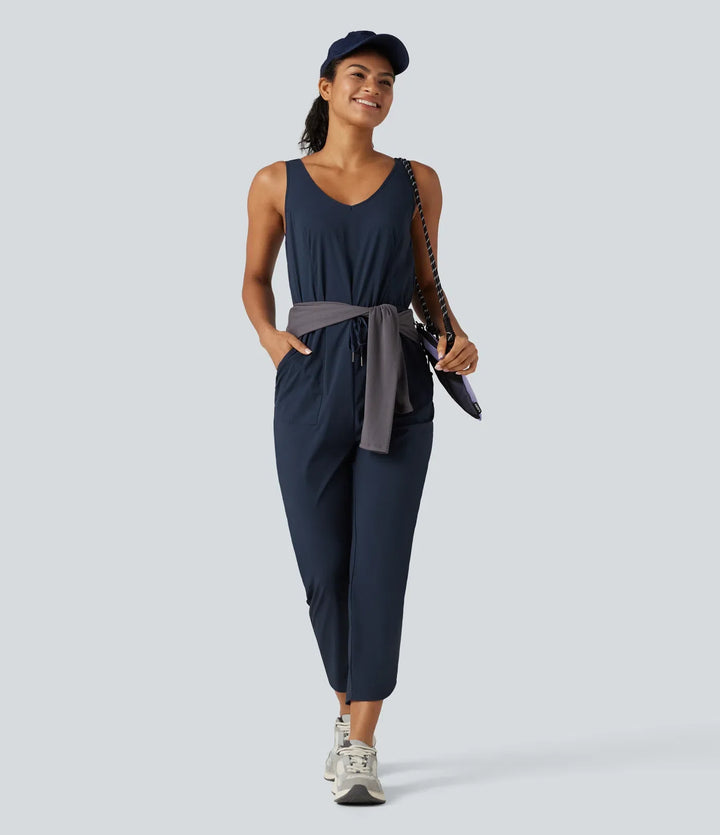 V-ringad dragsko rundad fåll vandring jumpsuit med fickor