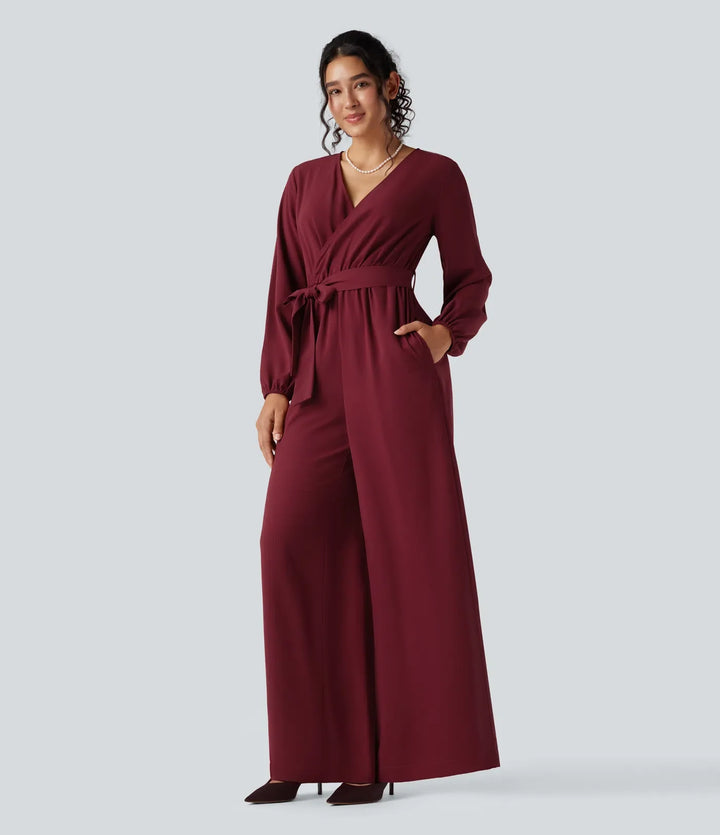 V-ringad lång puffärm bältad vida ben fest jumpsuit med fickor